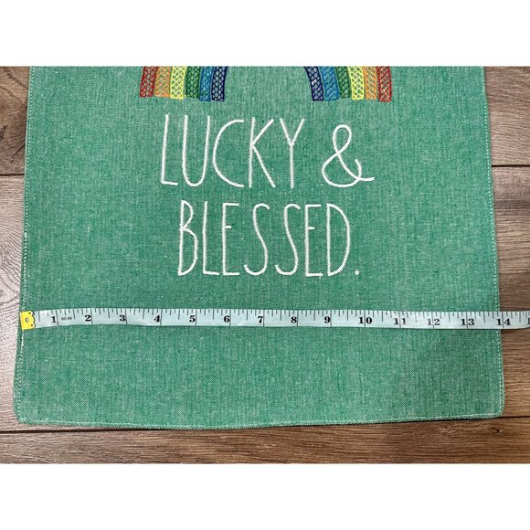 Rae Dunn Embroidered Table Runner 14 x 72" Green Lucky & Blessed Rainbow New - Picture 2 of 6